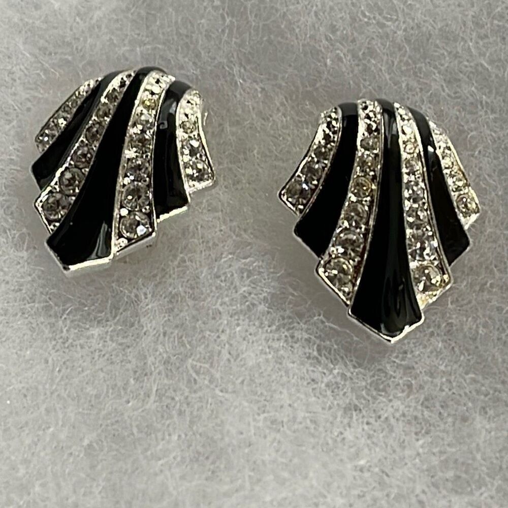 Vintage Avon rhinestone black enamel clip earrings